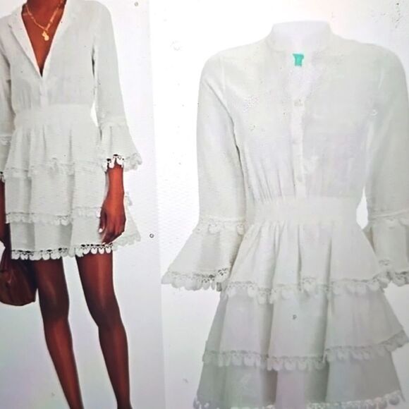 Waimari Calamaro Tiered Ruffle Smocked Beach Coastal Bridal Mini Dress: White L - Picture 1 of 16